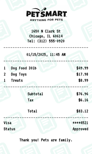 PetSmart receipt preview - click to customize