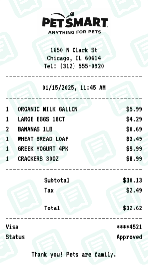 PetSmart Receipt Example - Weekly Grocery Run