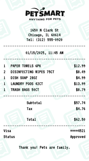 PetSmart Receipt Example - Household Essentials