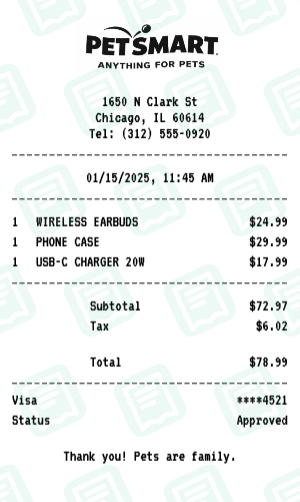 PetSmart Receipt Example - Electronics Purchase
