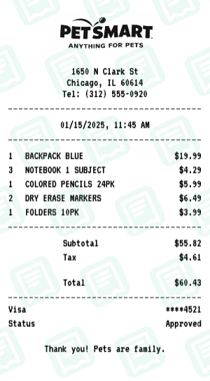 PetSmart Receipt Example - Back to School