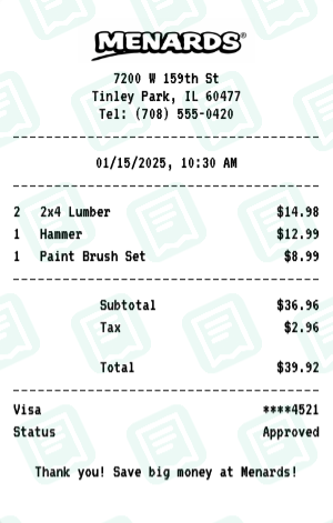 Menards receipt preview - click to customize