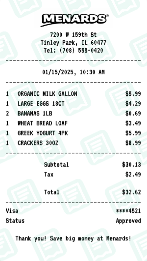 Menards Receipt Example - Weekly Grocery Run