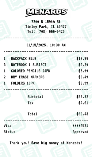 Menards Receipt Example - Back to School