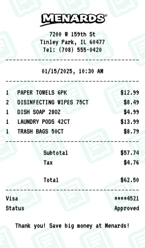 Menards Receipt Example - Household Essentials