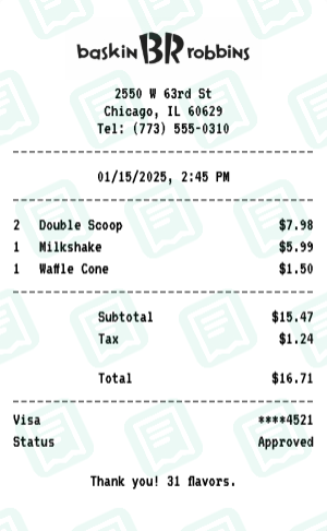 Baskin-Robbins receipt preview - click to customize