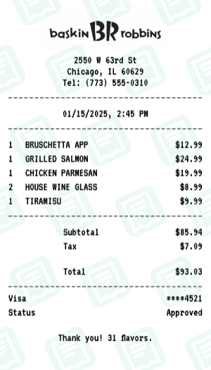Baskin-Robbins Receipt Example - Dinner for Two