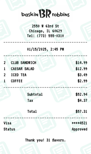 Baskin-Robbins Receipt Example - Business Lunch