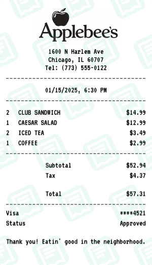 Applebee's Receipt Example - Business Lunch