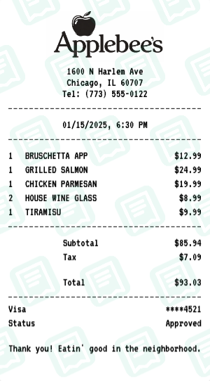 Applebee's Receipt Example - Dinner for Two
