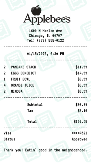 Applebee's Receipt Example - Family Brunch