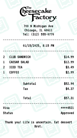The Cheesecake Factory Receipt Example - Business Lunch