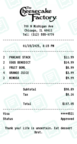 The Cheesecake Factory Receipt Example - Family Brunch