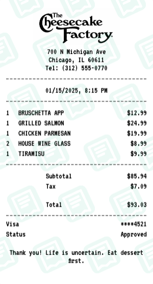 The Cheesecake Factory Receipt Example - Dinner for Two