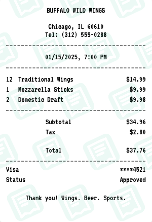 Buffalo Wild Wings receipt preview - click to customize