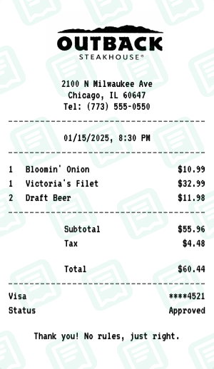Outback Steakhouse receipt preview - click to customize