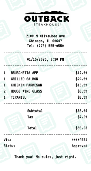 Outback Steakhouse Receipt Example - Dinner for Two