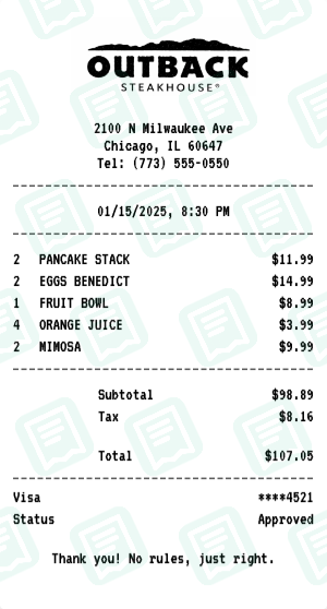 Outback Steakhouse Receipt Example - Family Brunch