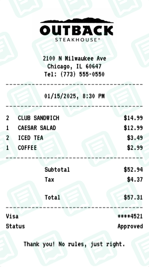 Outback Steakhouse Receipt Example - Business Lunch