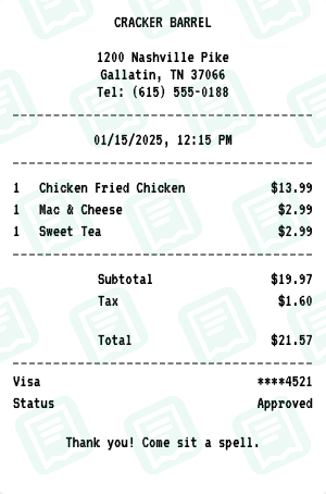 Cracker Barrel receipt preview - click to customize
