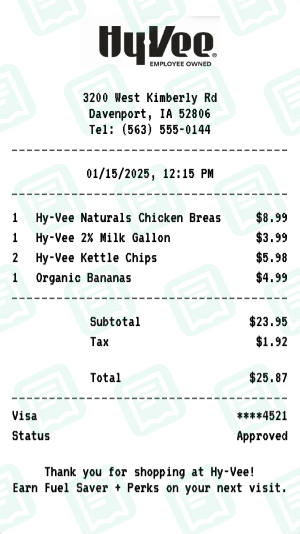 Hy-Vee receipt preview - click to customize