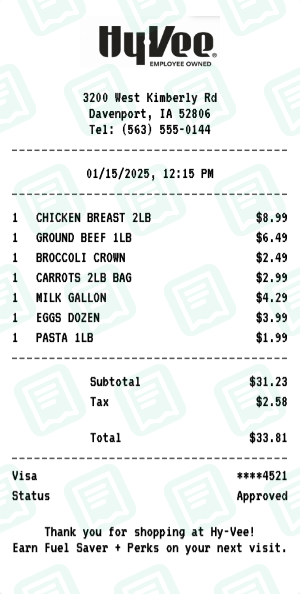 Hy-Vee Receipt Example - Weekly Grocery Trip