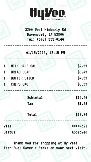 Hy-Vee Receipt Example - Quick Essentials Run