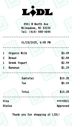 LIDL receipt preview - click to customize