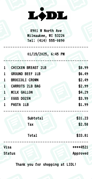 LIDL Receipt Example - Weekly Grocery Trip