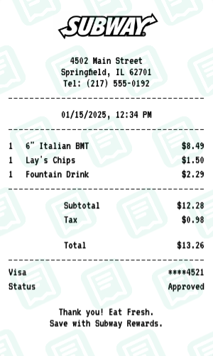 Subway receipt preview - click to customize