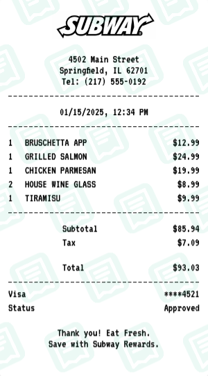 Subway Receipt Example - Dinner for Two