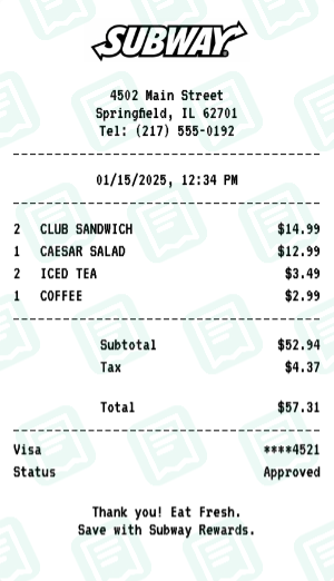 Subway Receipt Example - Business Lunch
