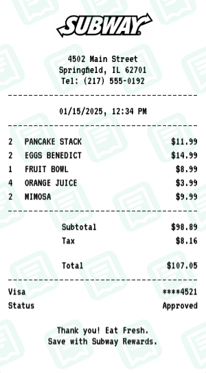 Subway Receipt Example - Family Brunch