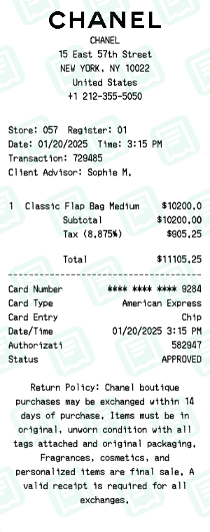 Chanel Receipt Example - Classic Flap Bag