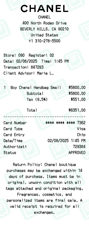 Chanel Receipt Example - Boy Bag
