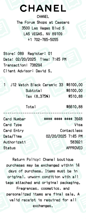 Chanel Receipt Example - J12 Watch