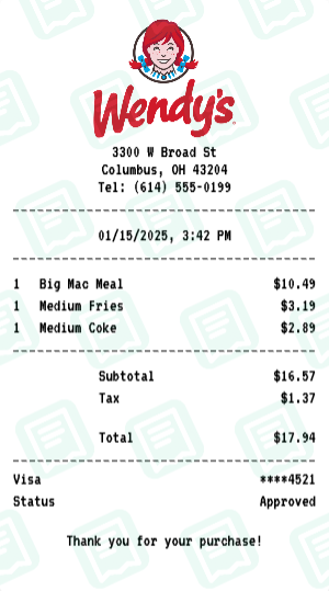 Wendy's Receipt Example - Combo Meal