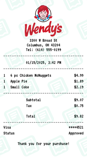 Wendy's Receipt Example - Late Night Snack