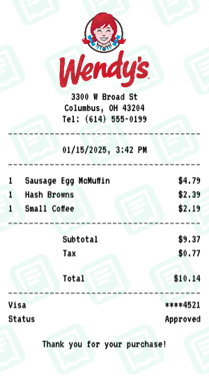 Wendy's Receipt Example - Breakfast Order