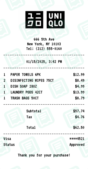 UNIQLO Receipt Example - Household Essentials