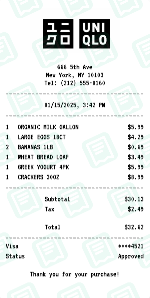 UNIQLO Receipt Example - Weekly Grocery Run
