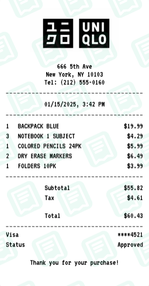 UNIQLO Receipt Example - Back to School