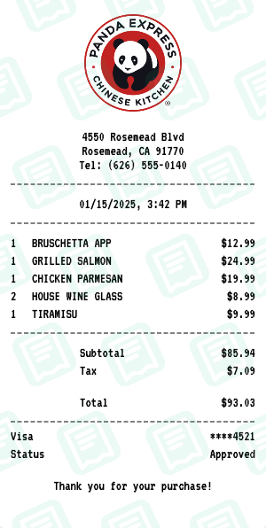 Panda Express Receipt Example - Dinner for Two