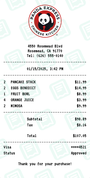 Panda Express Receipt Example - Family Brunch
