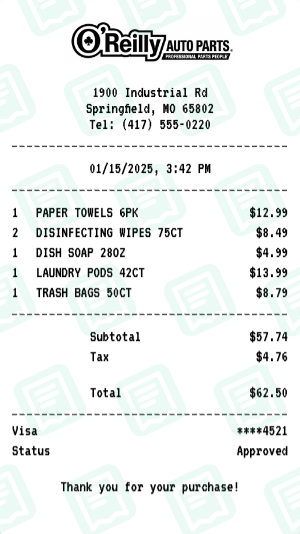 O'Reilly Auto Parts Receipt Example - Household Essentials