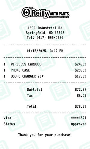 O'Reilly Auto Parts Receipt Example - Electronics Purchase