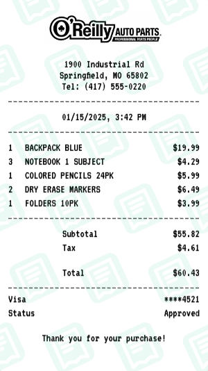 O'Reilly Auto Parts Receipt Example - Back to School
