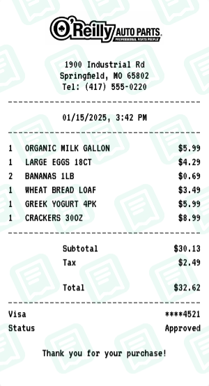 O'Reilly Auto Parts Receipt Example - Weekly Grocery Run