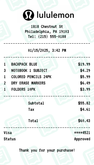 lululemon Receipt Example - Back to School