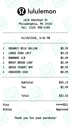 lululemon Receipt Example - Weekly Grocery Run